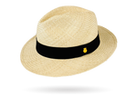 panama hat with metallic pin logo