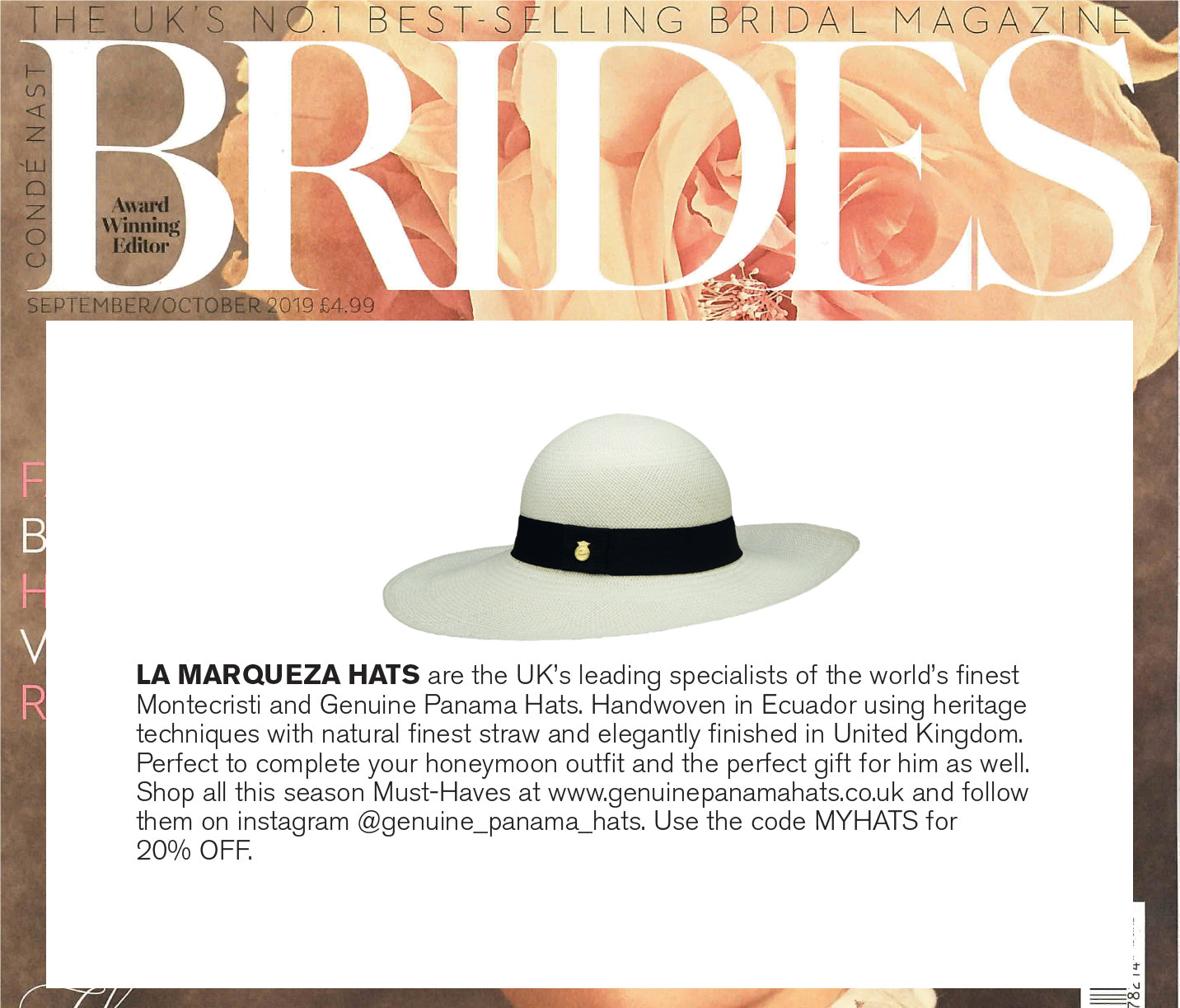 AS FEATURED IN BRIDES MAGAZINE - LA MARQUEZA HATS, SEPTEMBER/OCTOBER ISSUE