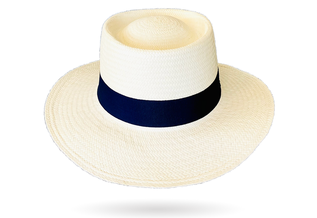 white straw hat with blue band