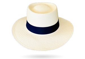 white straw hat with blue band
