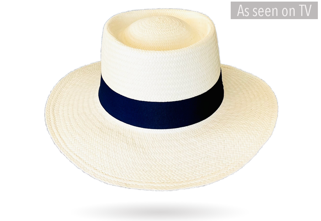 white straw hat with blue band