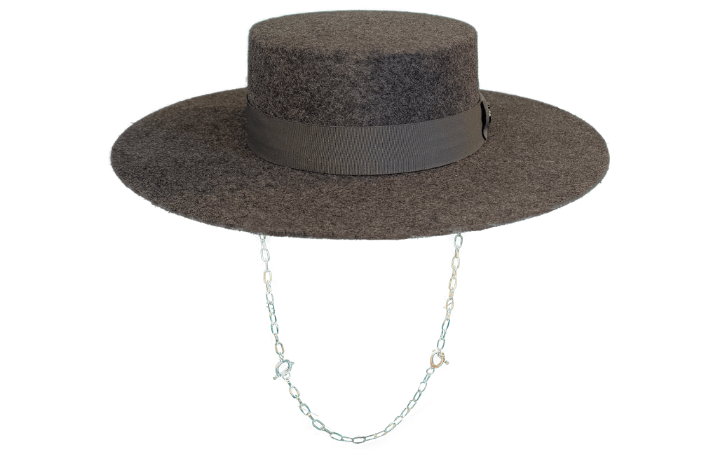 New! Mottled Graphite Wool Felt Hat Cordobes 9Cm Wide Brim With Silver Chain Felted Wool Hat