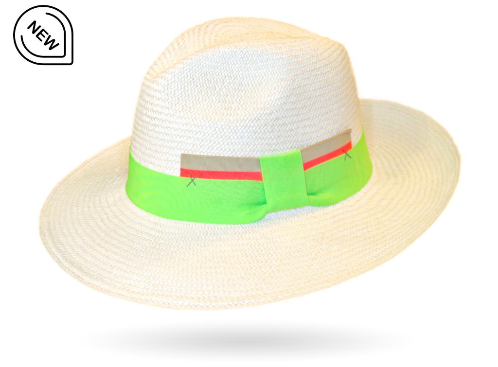 White straw hat with a colorful band by designer