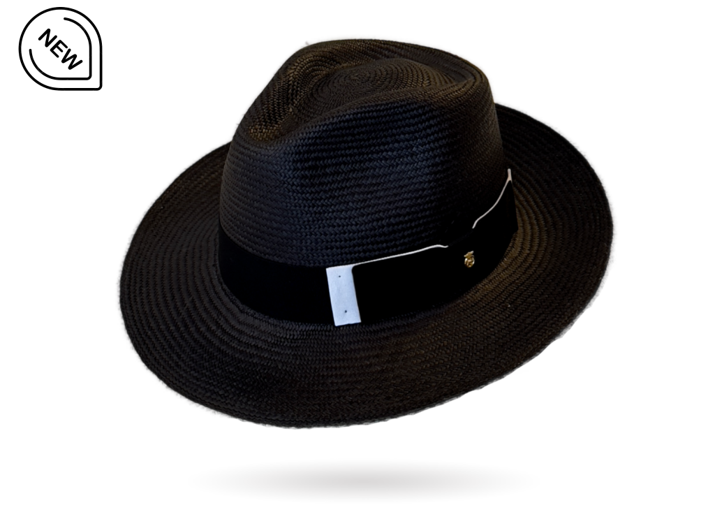Black straw hat with a band and gold pin