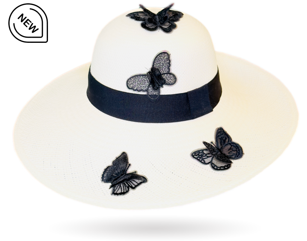 White hat with black butterflies and ribbon 
