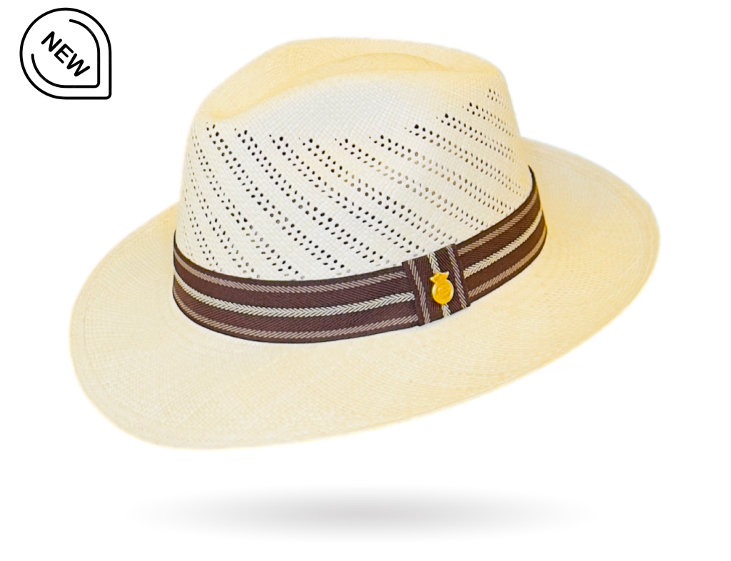Beige straw hat with a brown and white striped band on a white background