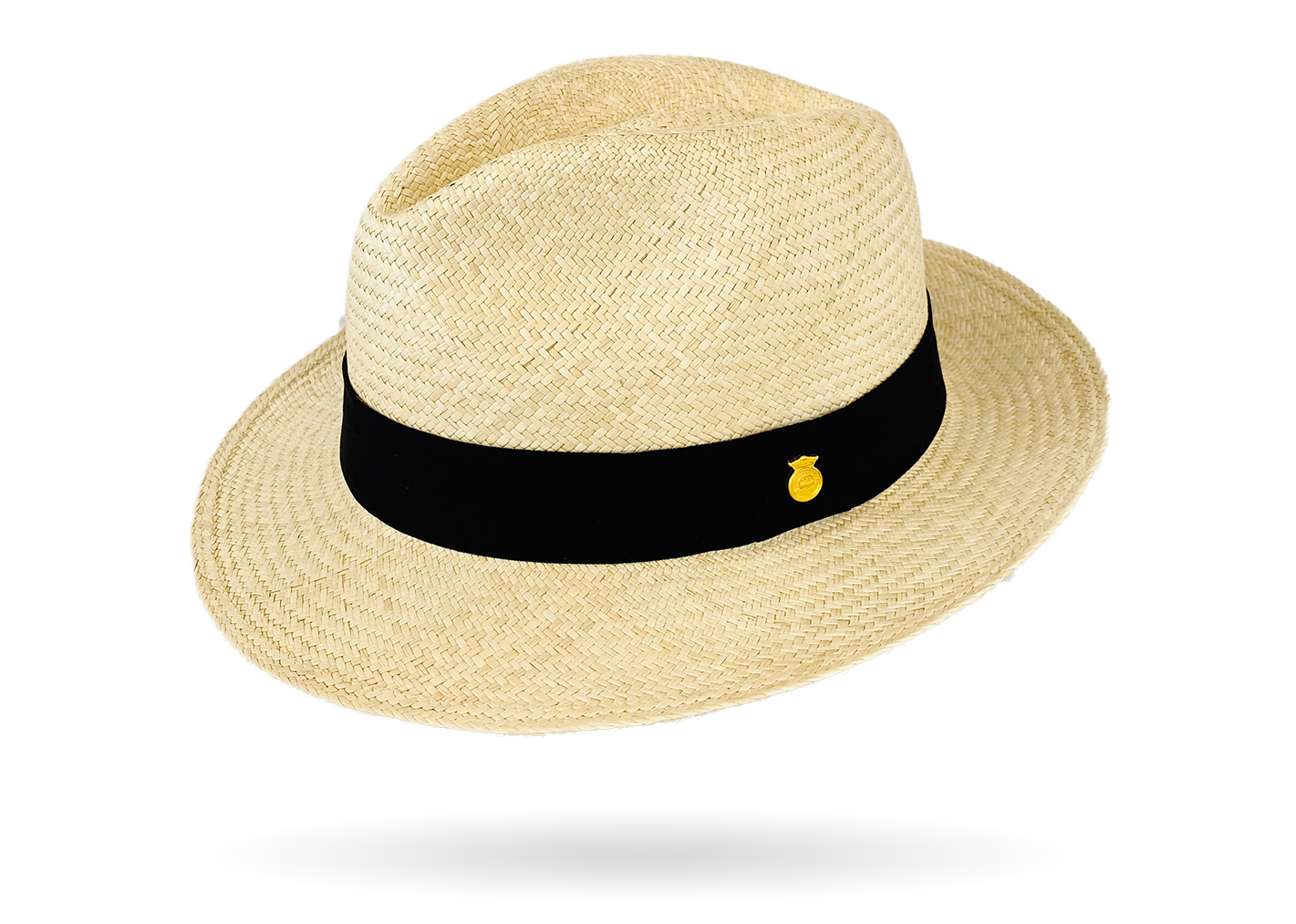 panama hat with metallic pin logo